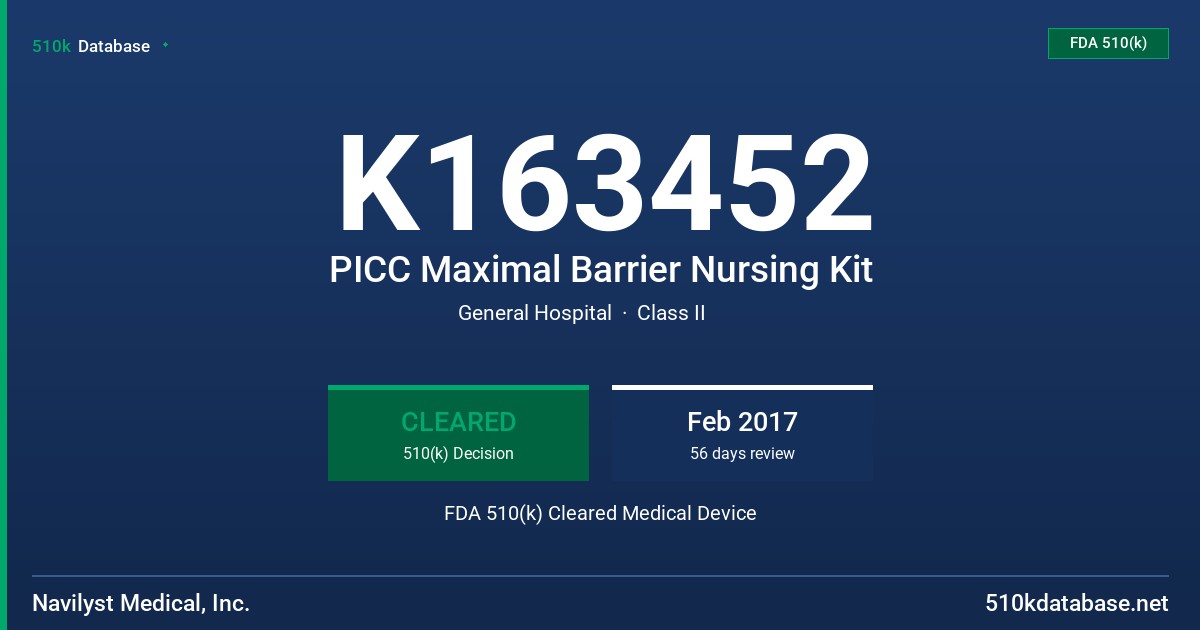 K163452 PICC Maximal Barrier Nursing Kit FDA 510(k) Cleared Medical Device