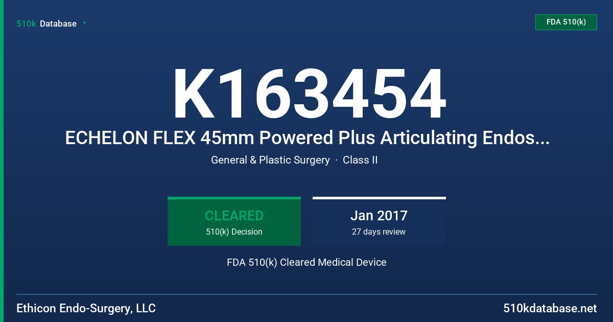 K163454 ECHELON FLEX 45mm Powered Plus Articulating Endoscopic Linear Cutters, ECHELON ENDOPATH Endoscopic Linear Cutter Reloads, 45mm FDA 510(k) Cleared Medical Device