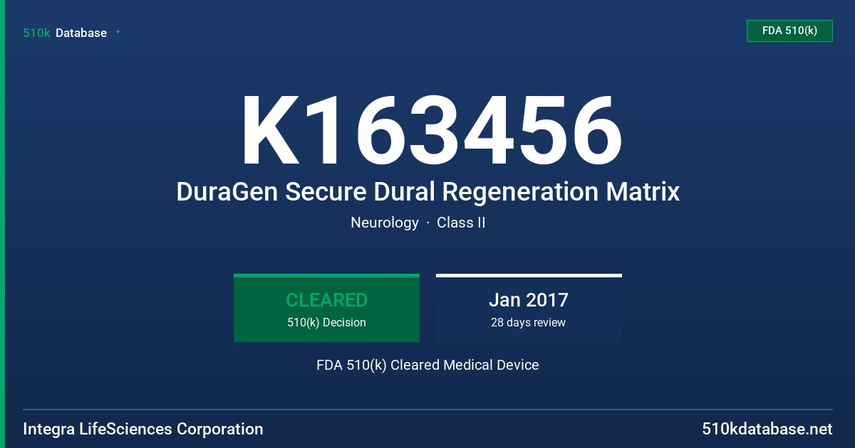 K163456 DuraGen Secure Dural Regeneration Matrix FDA 510(k) Cleared Medical Device