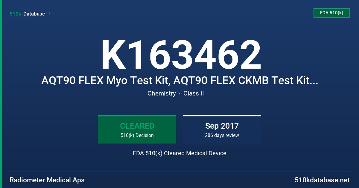 K163462 AQT90 FLEX Myo Test Kit, AQT90 FLEX CKMB Test Kit, AQT90 FLEX FDA 510(k) Cleared Medical Device