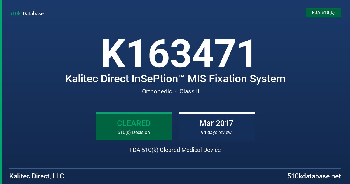 K163471 Kalitec Direct InSePtion™ MIS Fixation System FDA 510(k) Cleared Medical Device