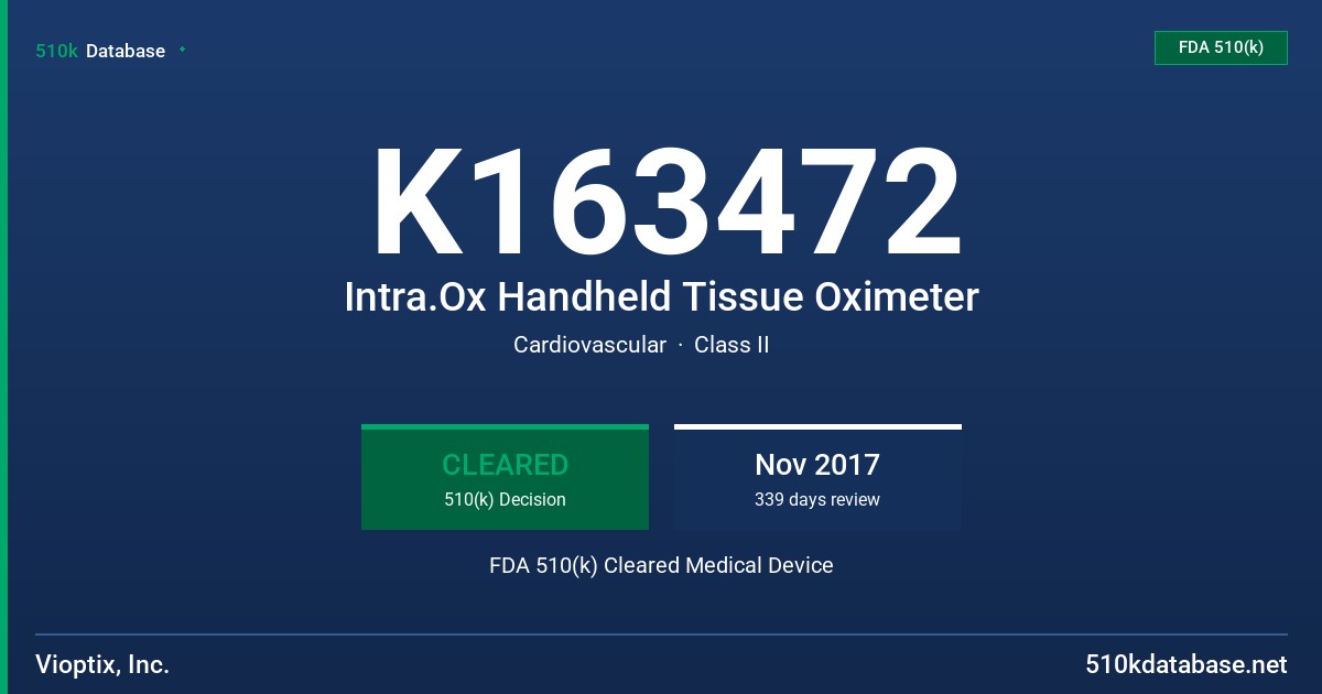 K163472 Intra.Ox Handheld Tissue Oximeter FDA 510(k) Cleared Medical Device