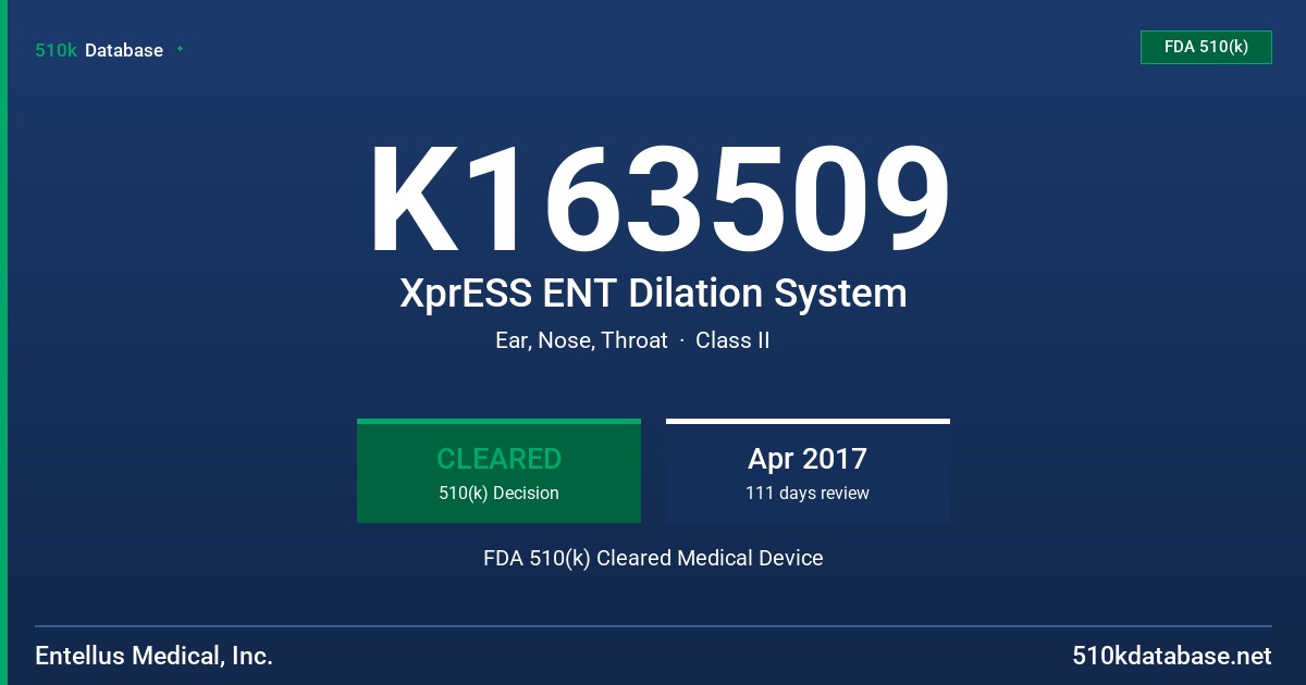 K163509 XprESS ENT Dilation System FDA 510(k) Cleared Medical Device