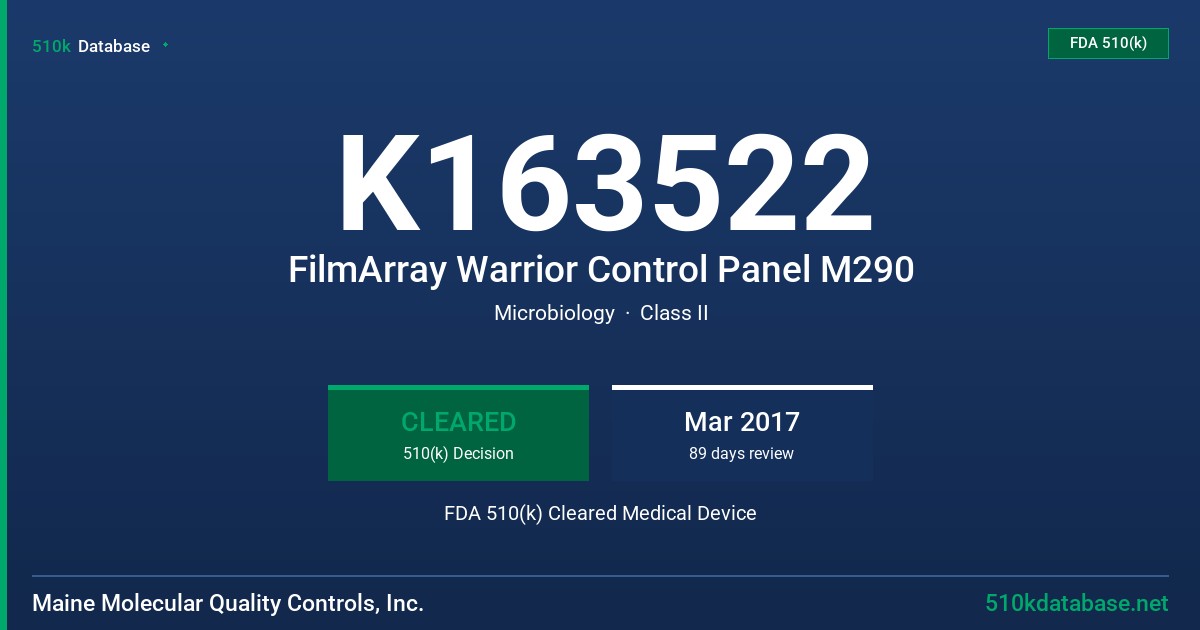 K163522 FilmArray Warrior Control Panel M290 FDA 510(k) Cleared Medical Device