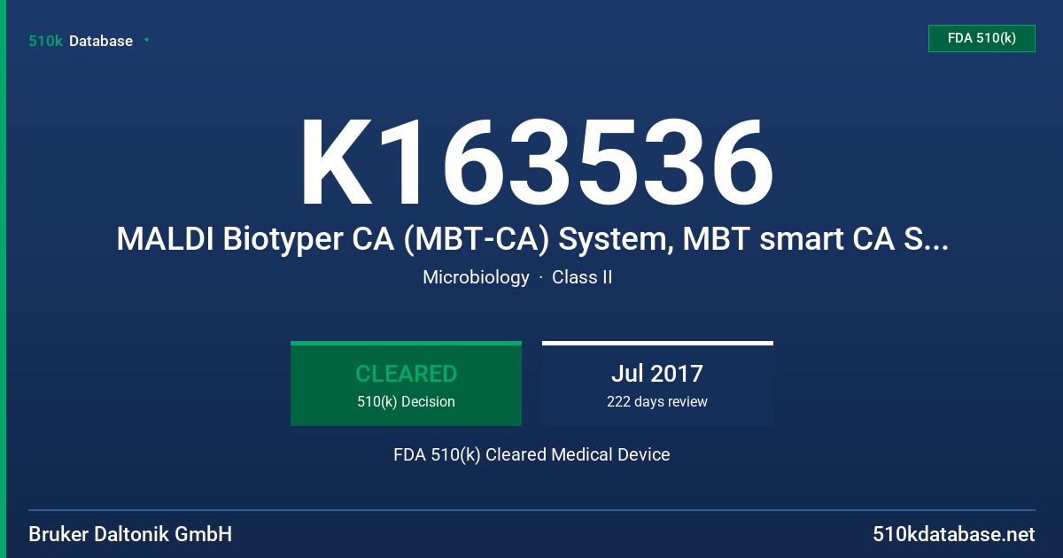 K163536 MALDI Biotyper CA (MBT-CA) System, MBT smart CA System FDA 510(k) Cleared Medical Device