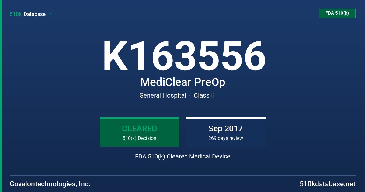 K163556 MediClear PreOp FDA 510(k) Cleared Medical Device