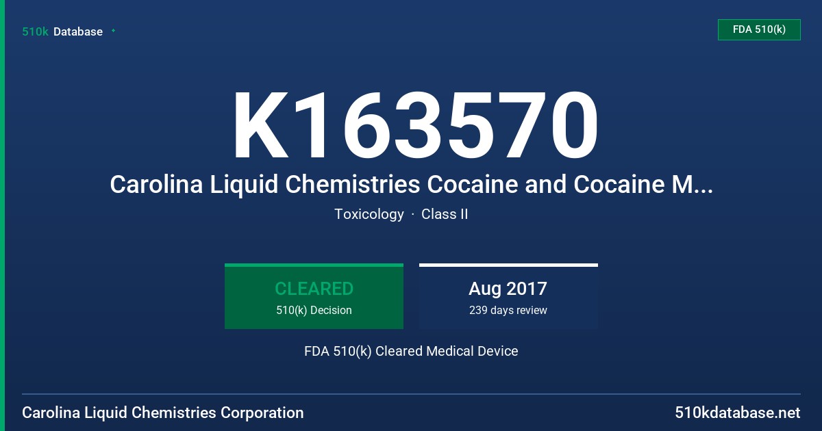 K163570 Carolina Liquid Chemistries Cocaine and Cocaine Metabolite Test System (COCM) FDA 510(k) Cleared Medical Device