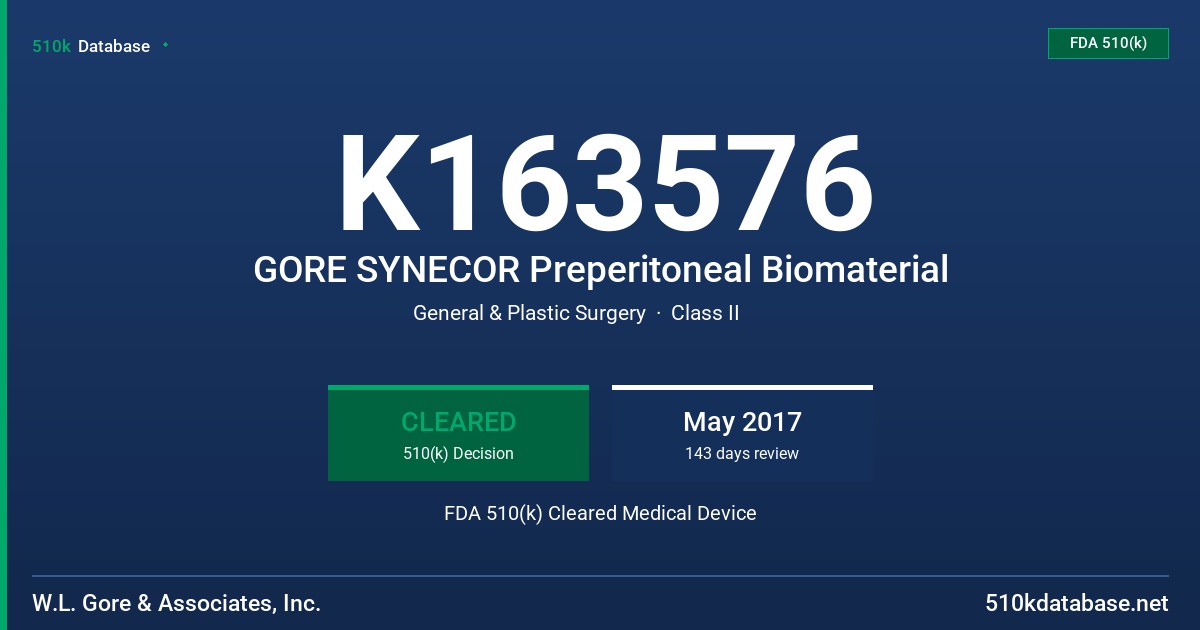 K163576 GORE SYNECOR Preperitoneal Biomaterial FDA 510(k) Cleared Medical Device
