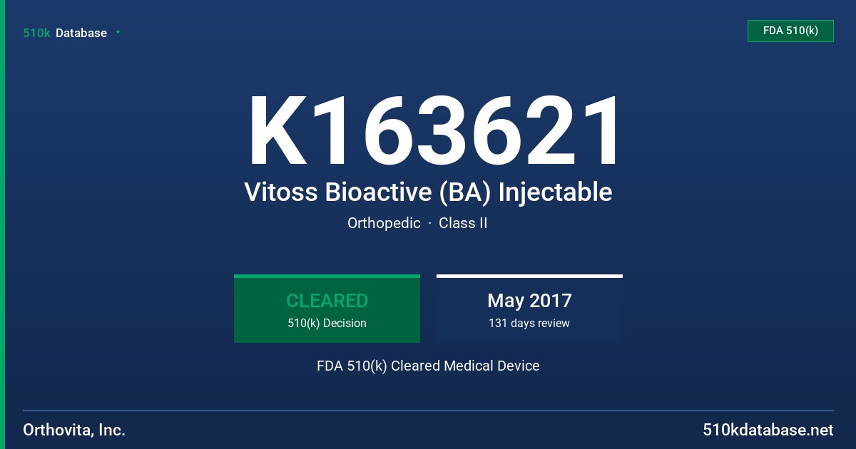 K163621 Vitoss Bioactive (BA) Injectable FDA 510(k) Cleared Medical Device