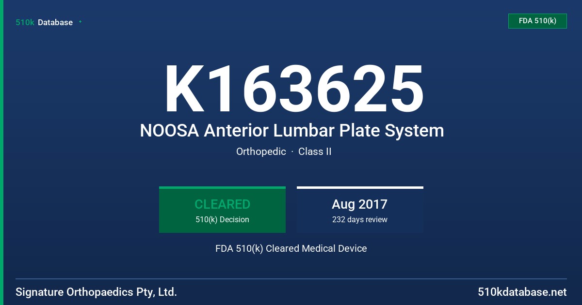 K163625 NOOSA Anterior Lumbar Plate System FDA 510(k) Cleared Medical Device