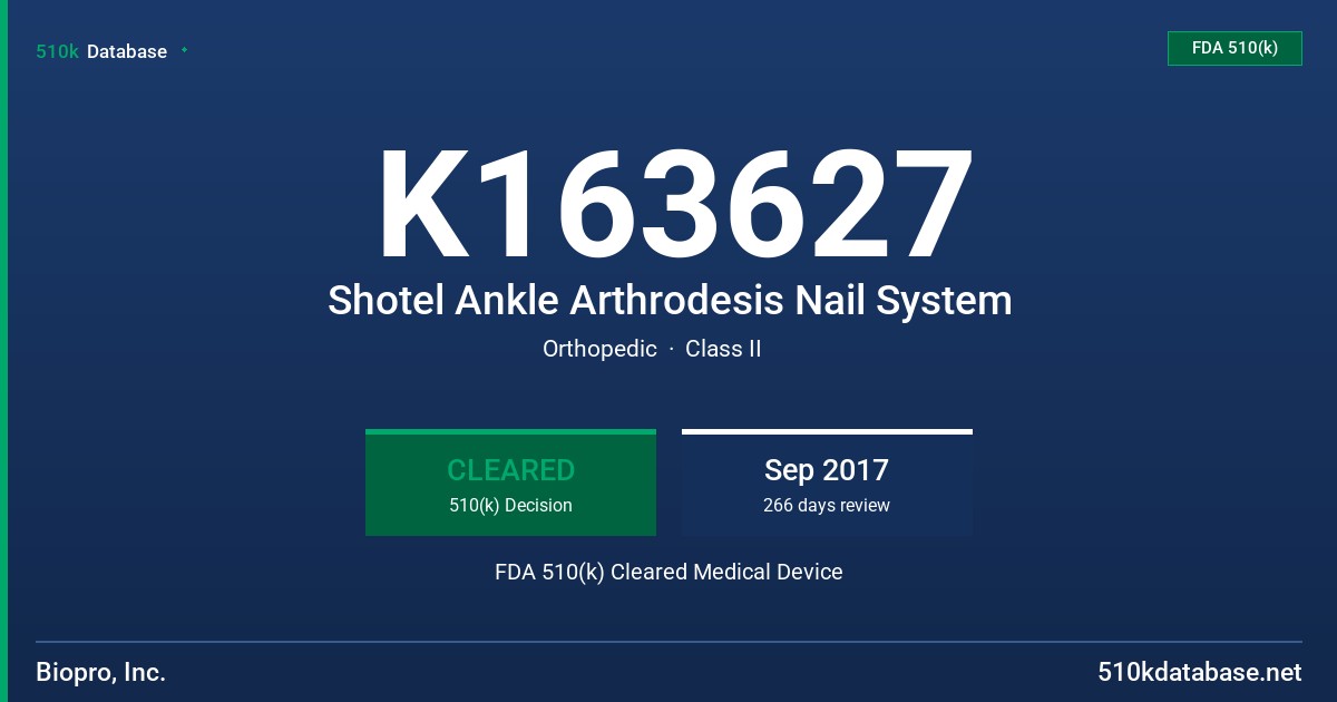 K163627 Shotel Ankle Arthrodesis Nail System FDA 510(k) Cleared Medical Device