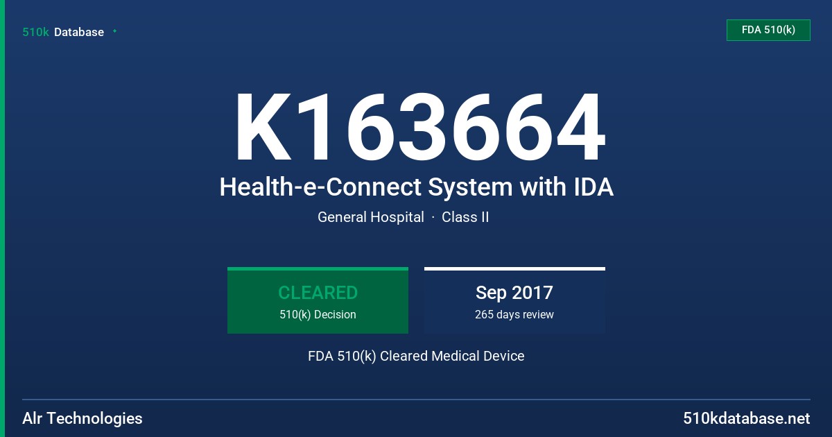 K163664 Health-e-Connect System with IDA FDA 510(k) Cleared Medical Device