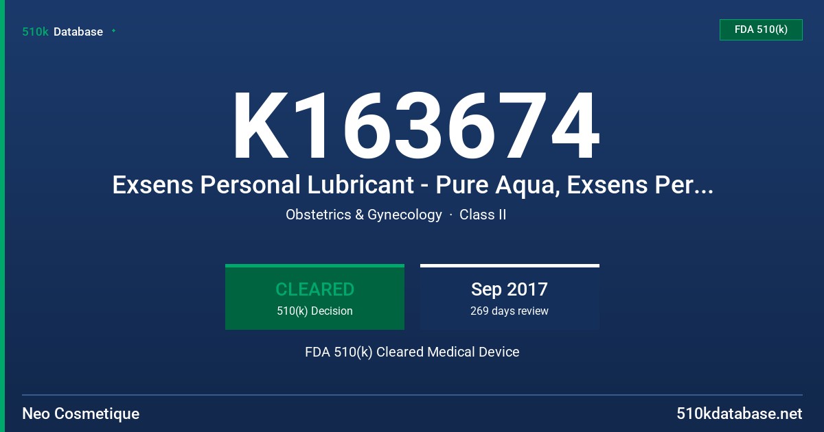 K163674 Exsens Personal Lubricant - Pure Aqua, Exsens Personal Lubricant - Aloe Vera, Exsens Personal Lubricant - Fresh Mint, Exsens Personal Lubricant - Candy Apple, Exsens Personal Lubricant - Raspberry FDA 510(k) Cleared Medical Device