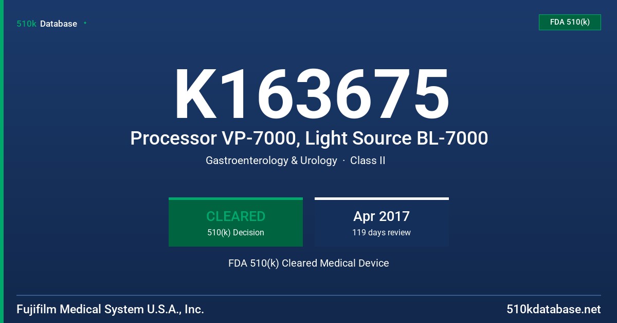 K163675 Processor VP-7000, Light Source BL-7000 FDA 510(k) Cleared Medical Device