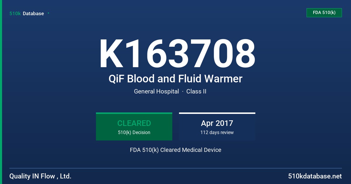 K163708 QiF Blood and Fluid Warmer FDA 510(k) Cleared Medical Device