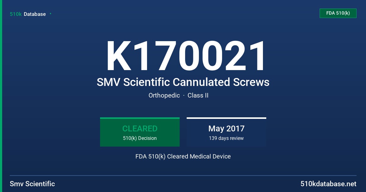 K170021 SMV Scientific Cannulated Screws FDA 510(k) Cleared Medical Device