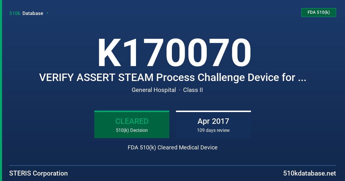K170070 VERIFY ASSERT STEAM Process Challenge Device for Gravity Cycles FDA 510(k) Cleared Medical Device