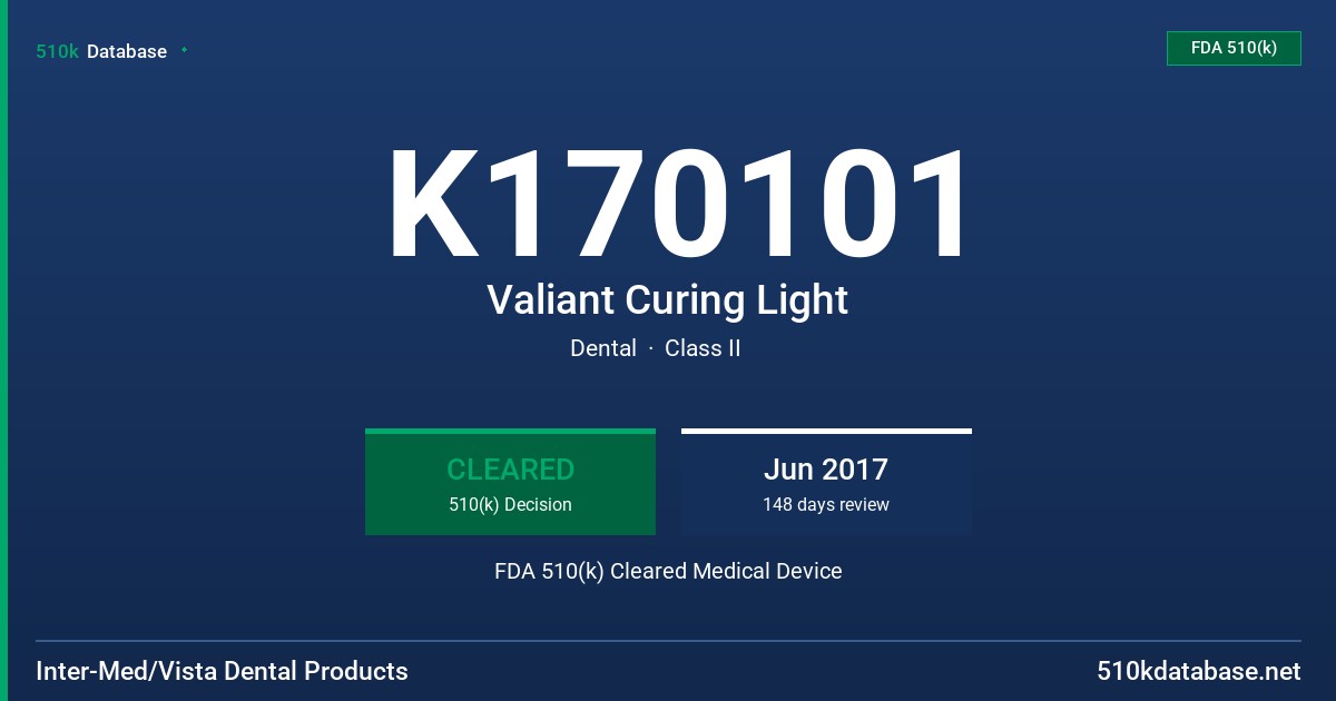 K170101 Valiant Curing Light FDA 510(k) Cleared Medical Device