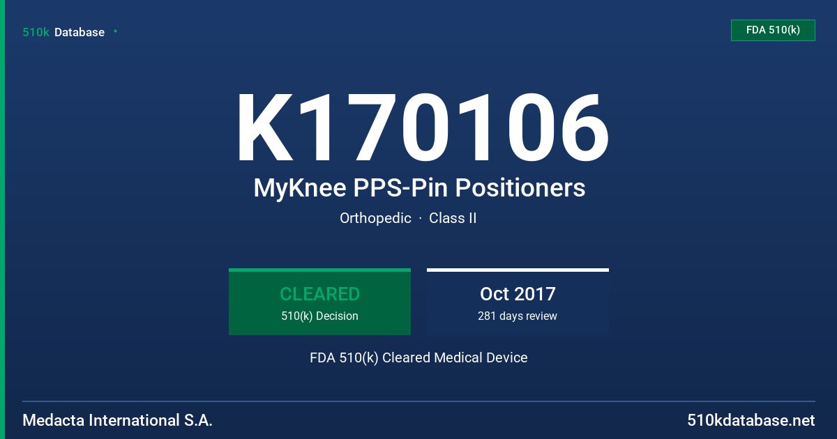 K170106 MyKnee PPS-Pin Positioners FDA 510(k) Cleared Medical Device