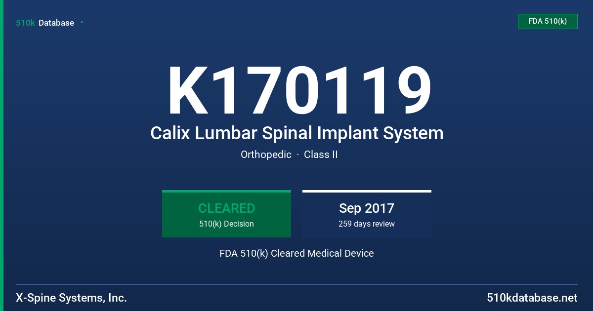 K170119 Calix Lumbar Spinal Implant System FDA 510(k) Cleared Medical Device