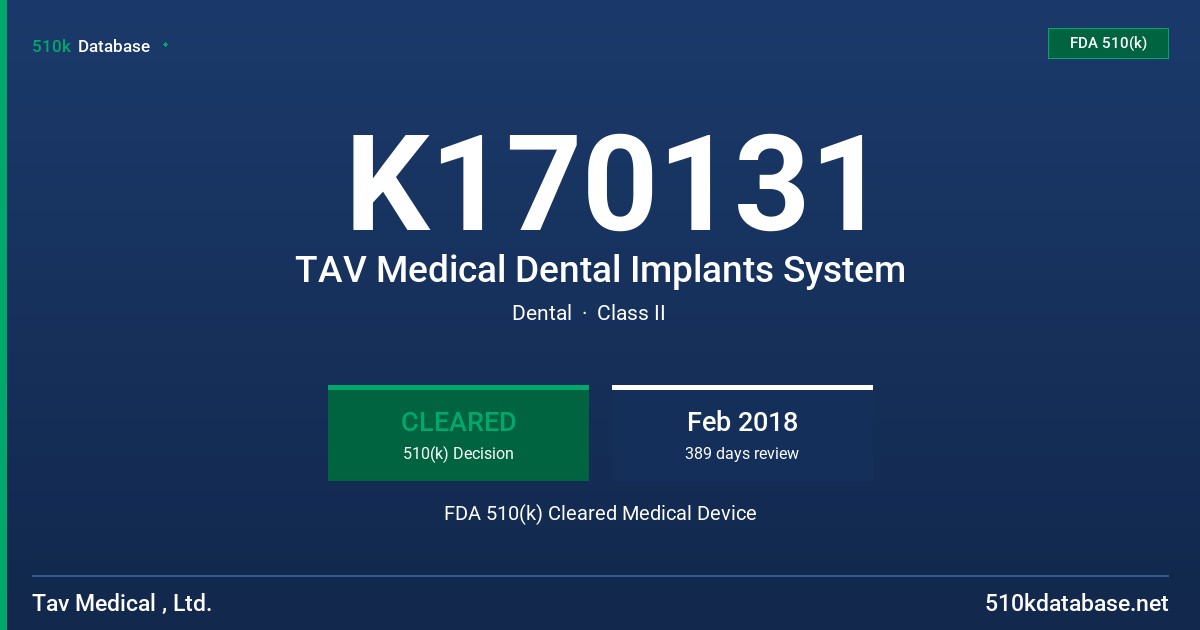 K170131 TAV Medical Dental Implants System FDA 510(k) Cleared Medical Device