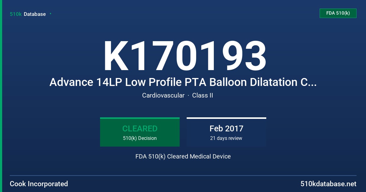 K170193 Advance 14LP Low Profile PTA Balloon Dilatation Catheter FDA 510(k) Cleared Medical Device
