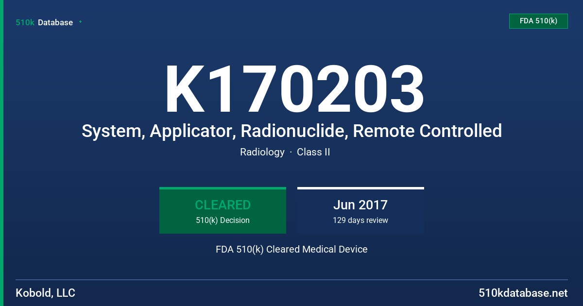 K170203 System, Applicator, Radionuclide, Remote Controlled FDA 510(k) Cleared Medical Device