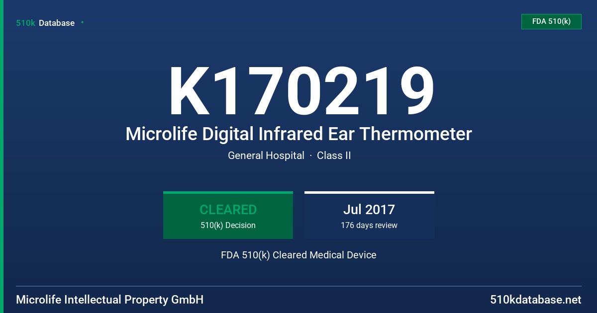 K170219 Microlife Digital Infrared Ear Thermometer FDA 510(k) Cleared Medical Device