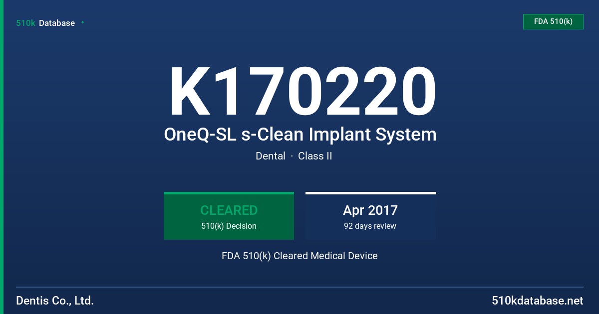 K170220 OneQ-SL s-Clean Implant System FDA 510(k) Cleared Medical Device