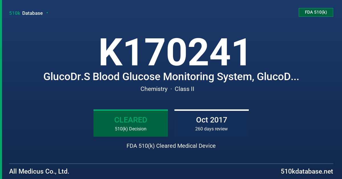 K170241 GlucoDr.S Blood Glucose Monitoring System, GlucoDr.S BLE Blood Glucose Monitoring System, GlucoDr.S NFC Blood Glucose Monitoring System FDA 510(k) Cleared Medical Device