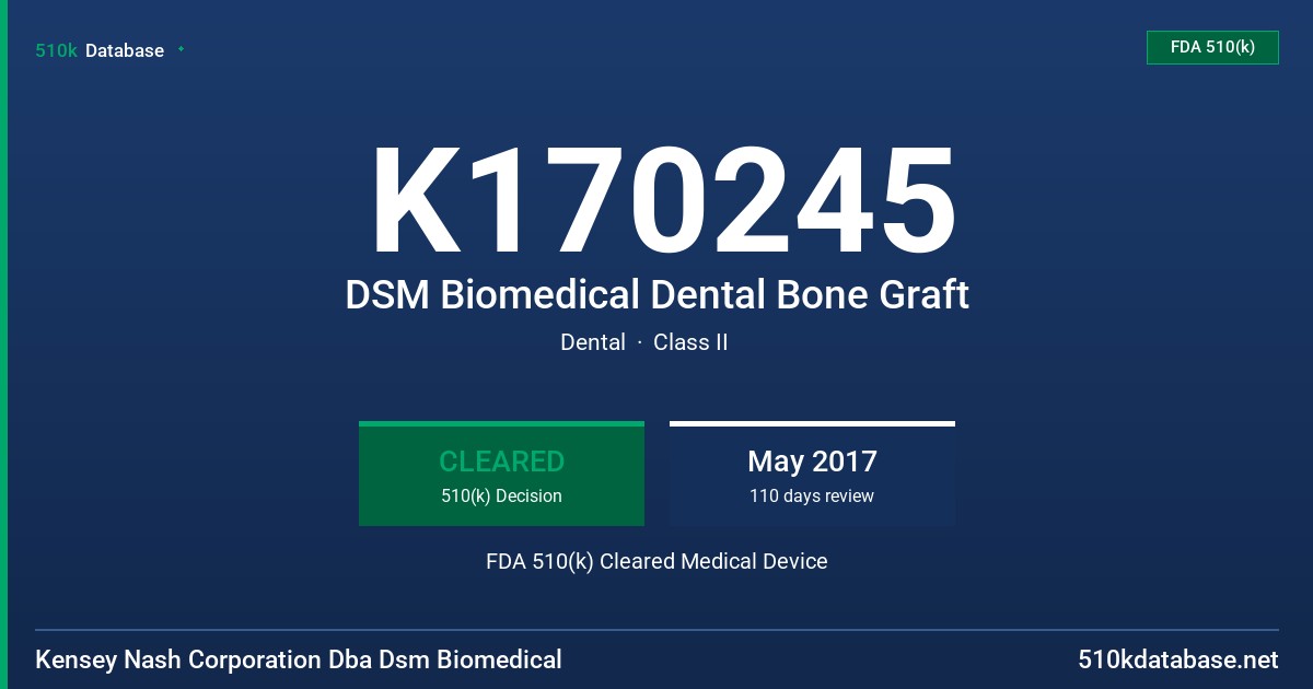 K170245 DSM Biomedical Dental Bone Graft FDA 510(k) Cleared Medical Device