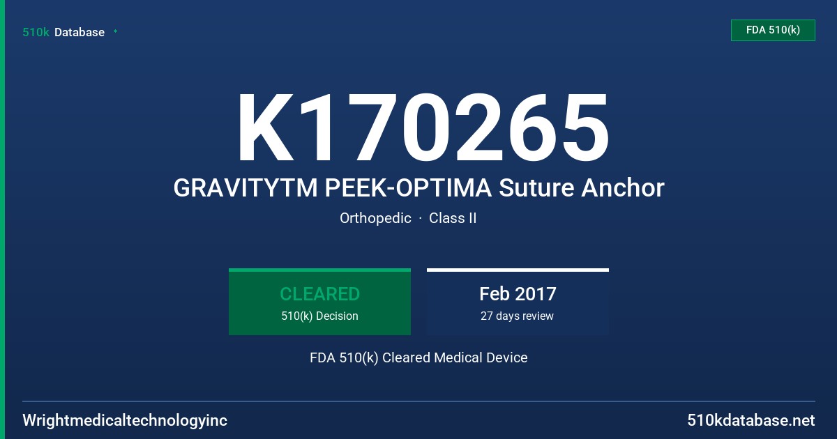 K170265 GRAVITYTM PEEK-OPTIMA Suture Anchor FDA 510(k) Cleared Medical Device