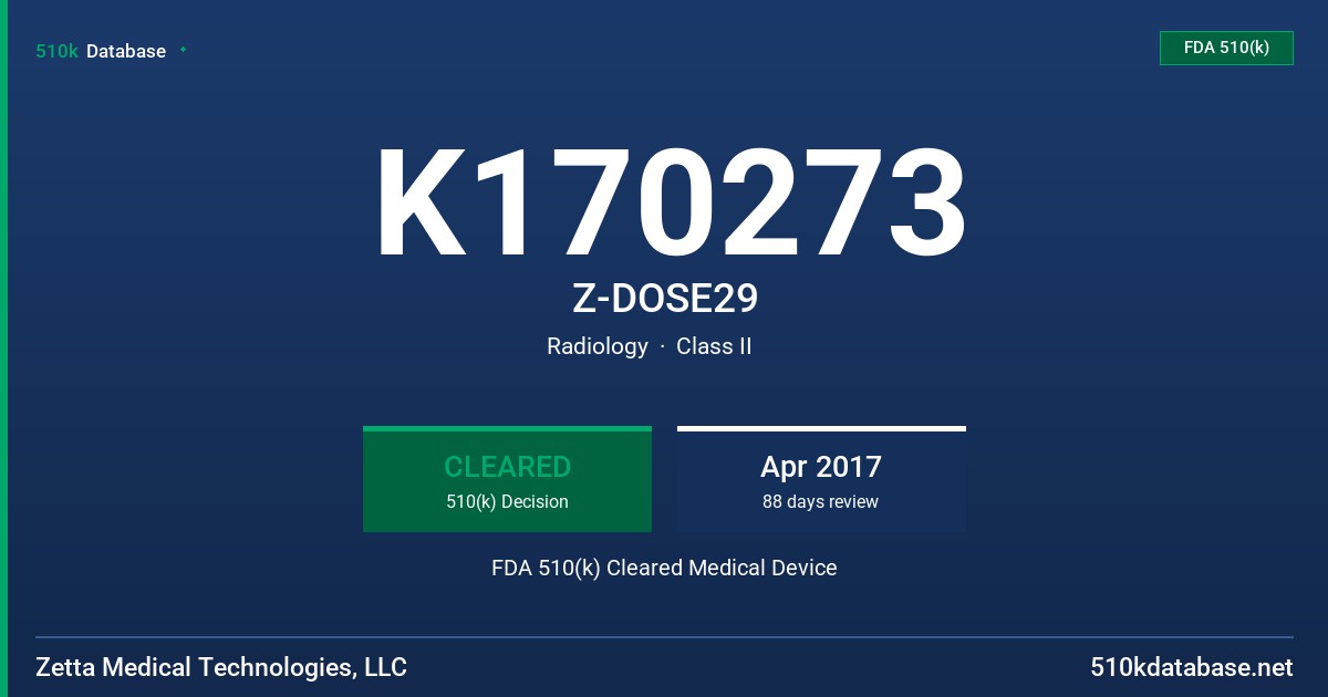 K170273 Z-DOSE29 FDA 510(k) Cleared Medical Device