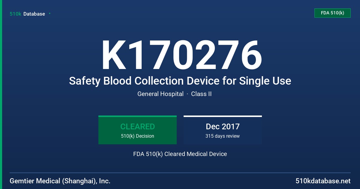 K170276 Safety Blood Collection Device for Single Use FDA 510(k) Cleared Medical Device