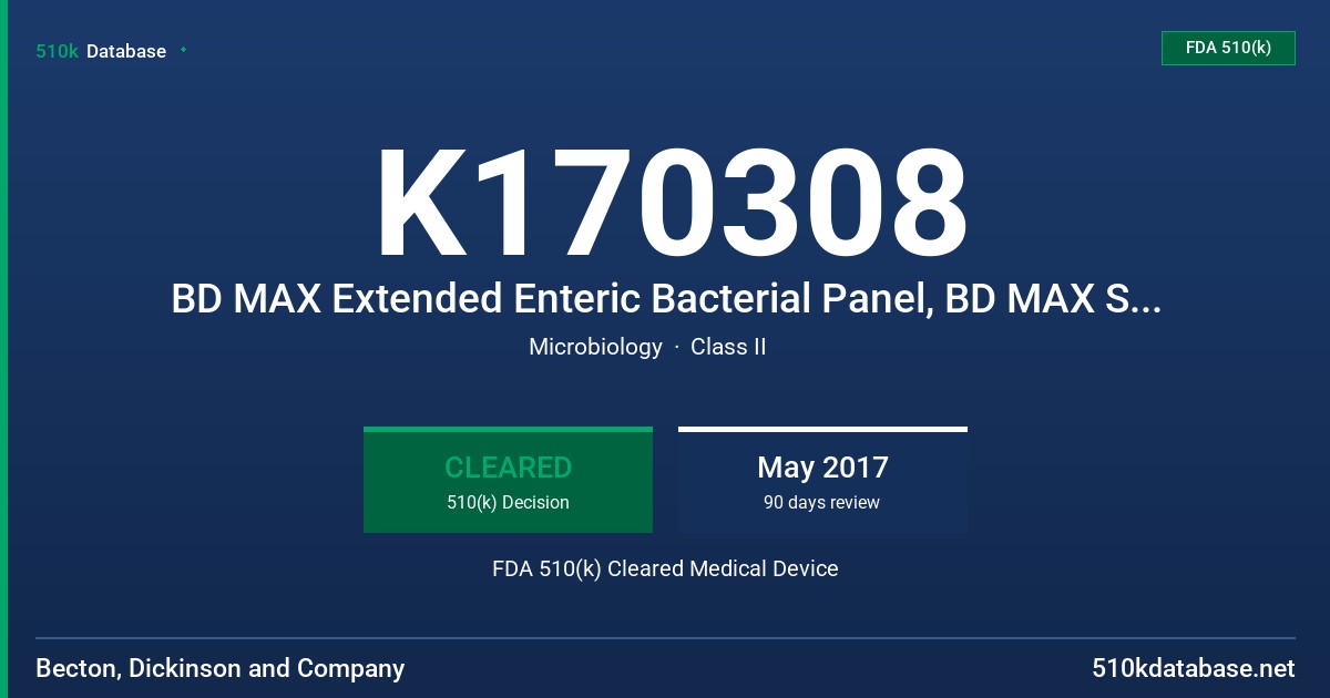K170308 BD MAX Extended Enteric Bacterial Panel, BD MAX System FDA 510(k) Cleared Medical Device