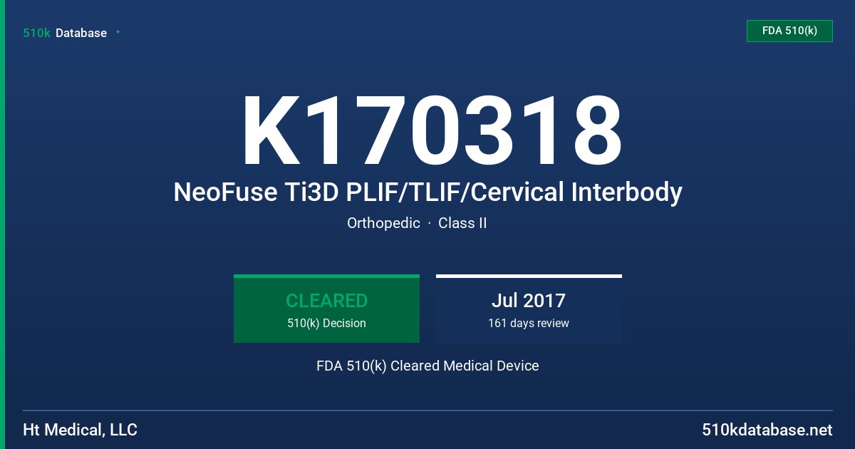K170318 NeoFuse Ti3D PLIF/TLIF/Cervical Interbody FDA 510(k) Cleared Medical Device