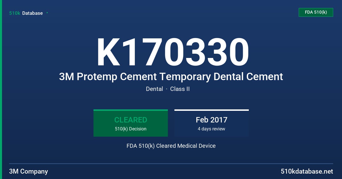 K170330 3M Protemp Cement Temporary Dental Cement FDA 510(k) Cleared Medical Device