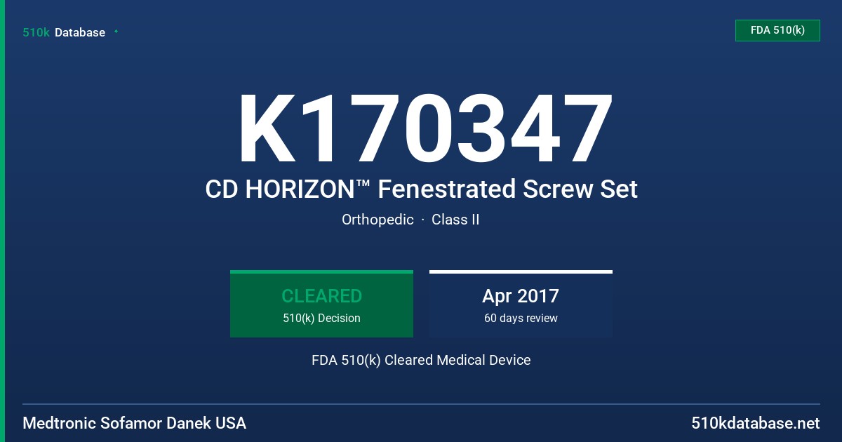 K170347 CD HORIZON™ Fenestrated Screw Set FDA 510(k) Cleared Medical Device