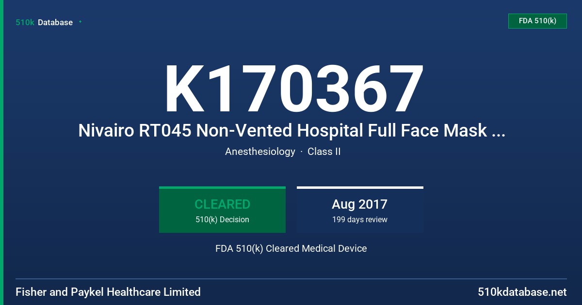 K170367 Nivairo RT045 Non-Vented Hospital Full Face Mask Anti-Asphyxiation Valve - Large, Nivairo RT045 Non-Vented Hospital Full Face Mask Anti-Asphyxiation Valve - Medium, Nivairo RT045 Non-Vented Hospital Full Face Mask Anti-Asphyxiation Valve - Small, Nivairo RT045 Non-Vented Hospital Full Face Mask Anti-Asphyxiation Valve - Extra Small FDA 510(k) Cleared Medical Device