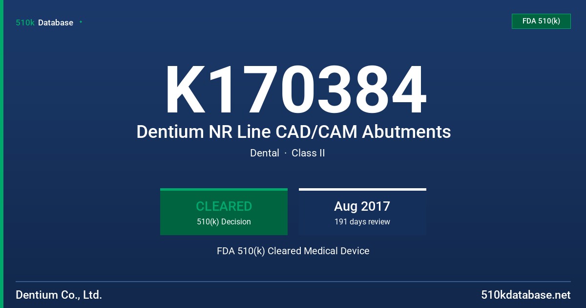 K170384 Dentium NR Line CAD/CAM Abutments FDA 510(k) Cleared Medical Device