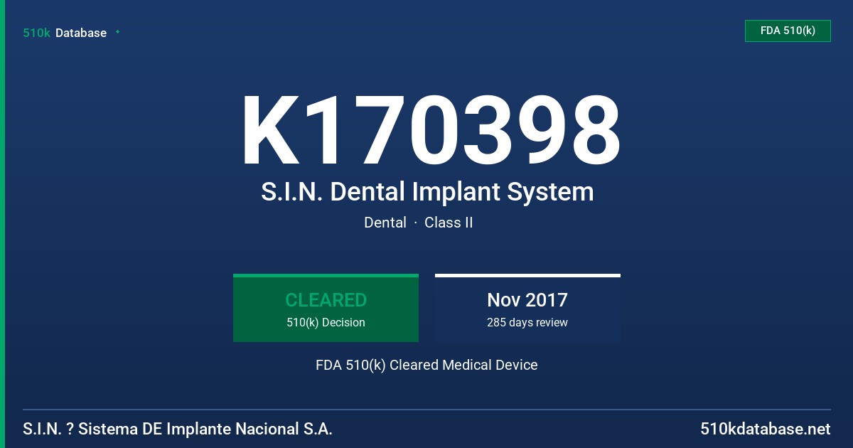 K170398 S.I.N. Dental Implant System FDA 510(k) Cleared Medical Device