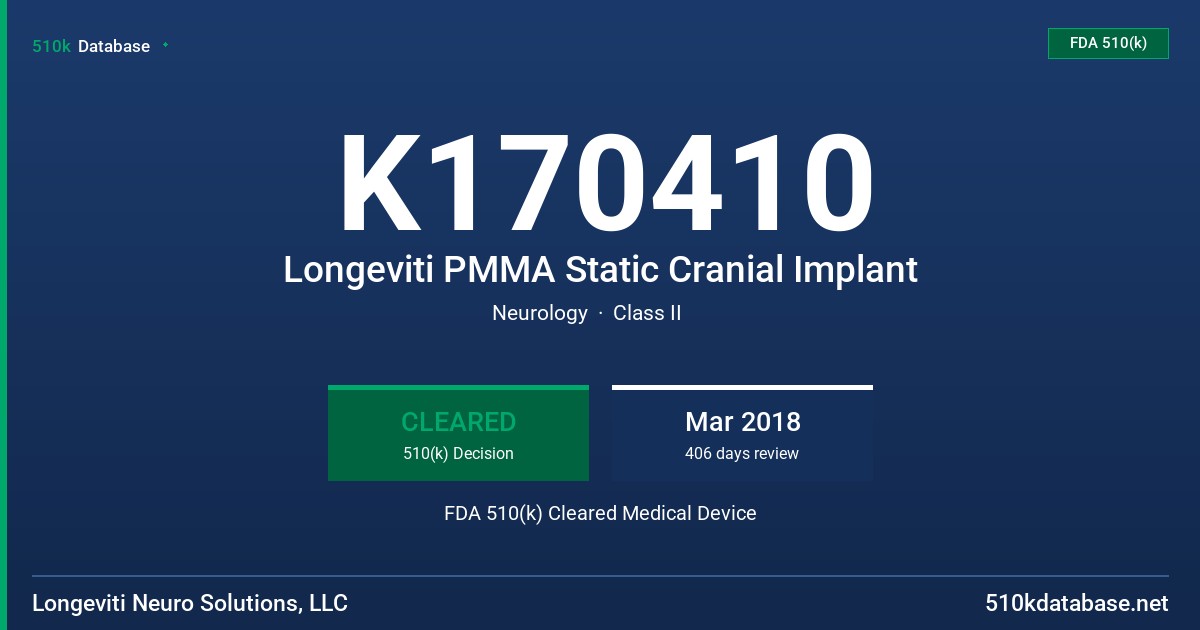K170410 Longeviti PMMA Static Cranial Implant FDA 510(k) Cleared Medical Device