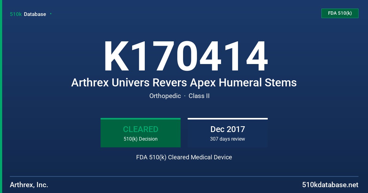 K170414 Arthrex Univers Revers Apex Humeral Stems FDA 510(k) Cleared Medical Device
