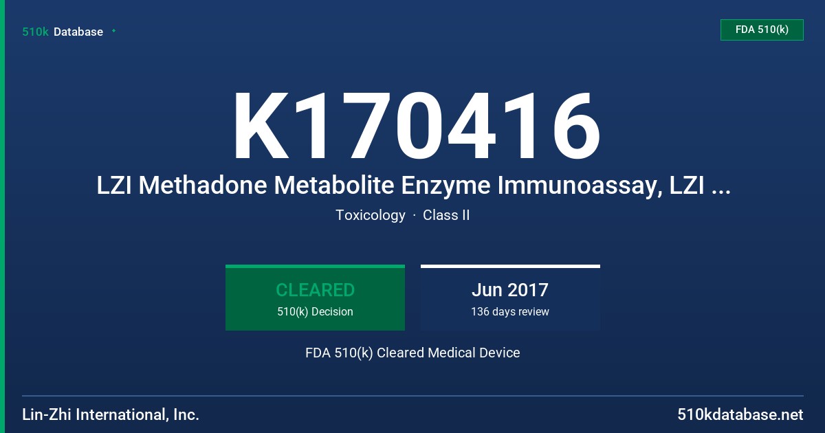 K170416 LZI Methadone Metabolite Enzyme Immunoassay, LZI Methadone Metabolite (100 and 300) Calibrators FDA 510(k) Cleared Medical Device