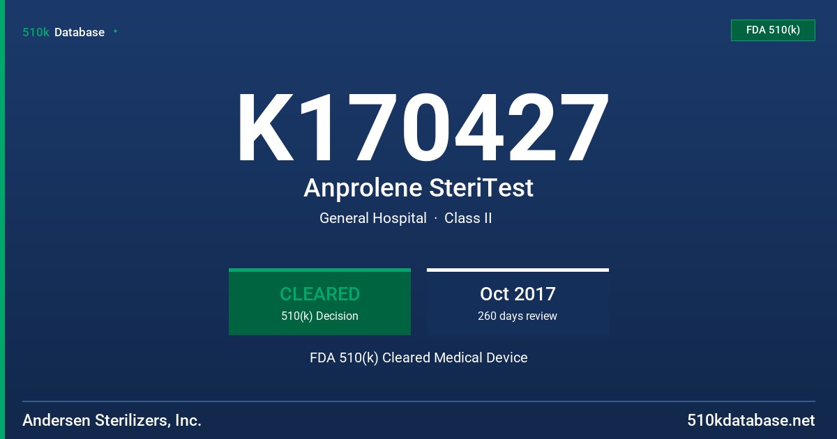 K170427 Anprolene SteriTest FDA 510(k) Cleared Medical Device
