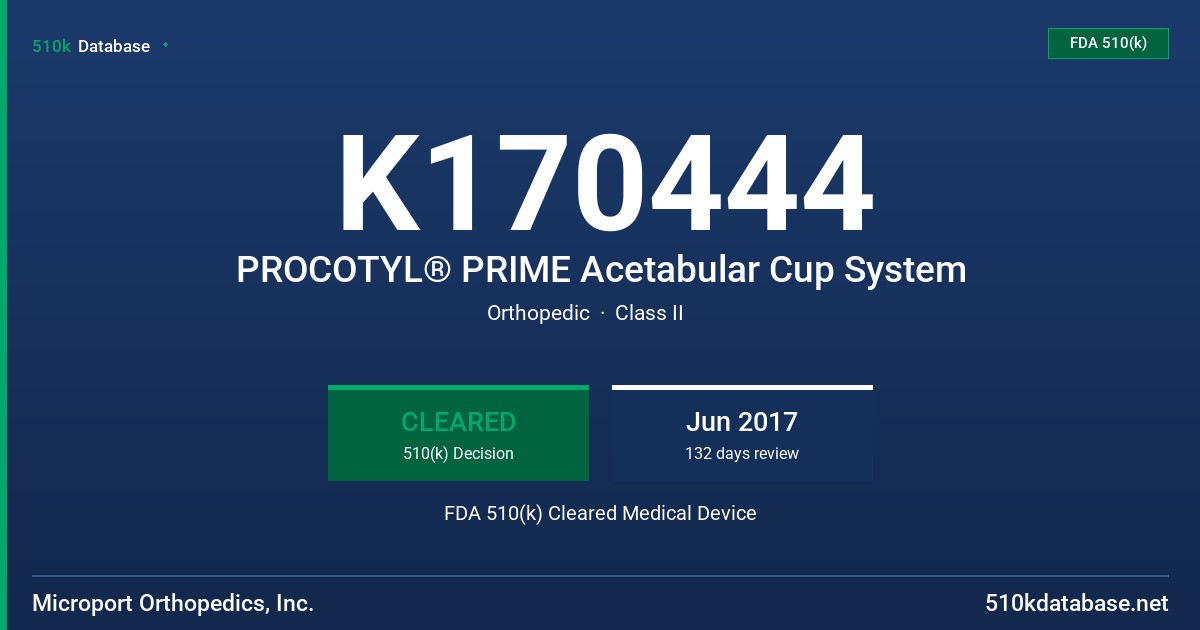 K170444 PROCOTYL® PRIME Acetabular Cup System FDA 510(k) Cleared Medical Device