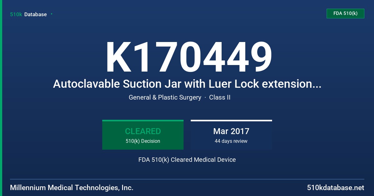 K170449 Autoclavable Suction Jar with Luer Lock extension - 250, 500, 1,000, 2,000 and 3,000 ml, Autoclavable Suction Jar without Luer Lock extension - 1,500 and 2,500 ml, Sterile 1,500 and 2,500 Lids with Conical patient connection 6-10 and overflow protection FDA 510(k) Cleared Medical Device