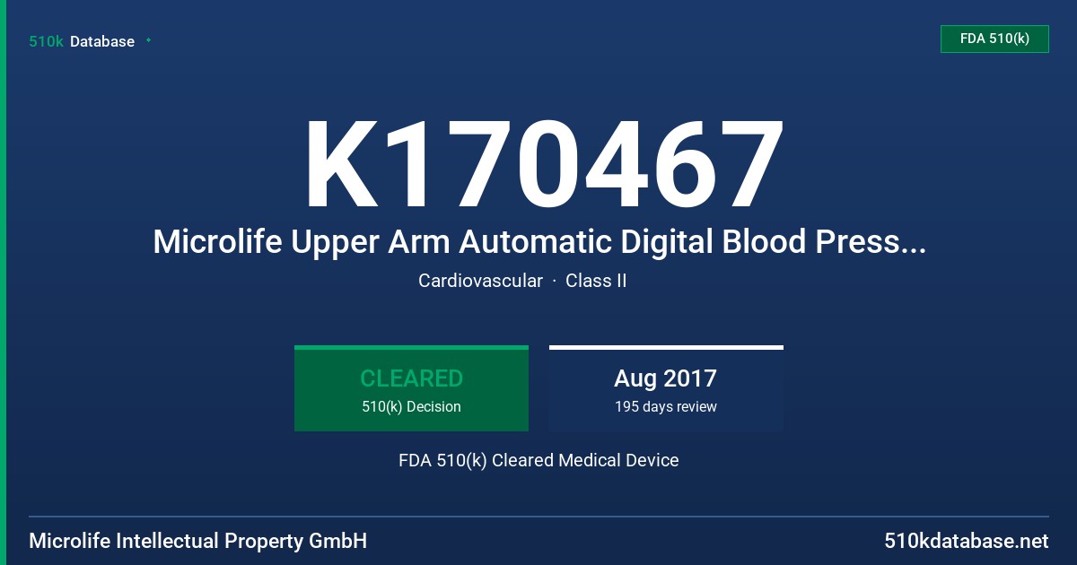 K170467 Microlife Upper Arm Automatic Digital Blood Pressure Monitor FDA 510(k) Cleared Medical Device