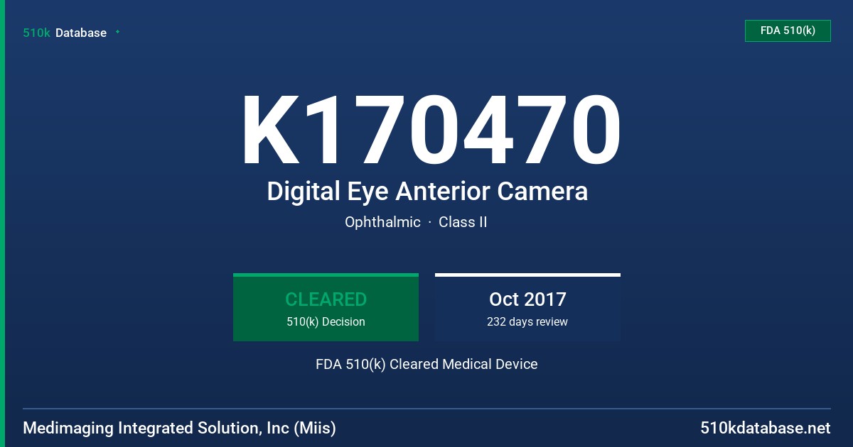 K170470 Digital Eye Anterior Camera FDA 510(k) Cleared Medical Device