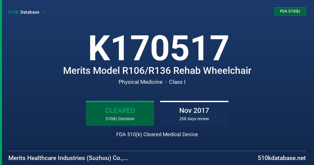K170517 Merits Model R106/R136 Rehab Wheelchair FDA 510(k) Cleared Medical Device
